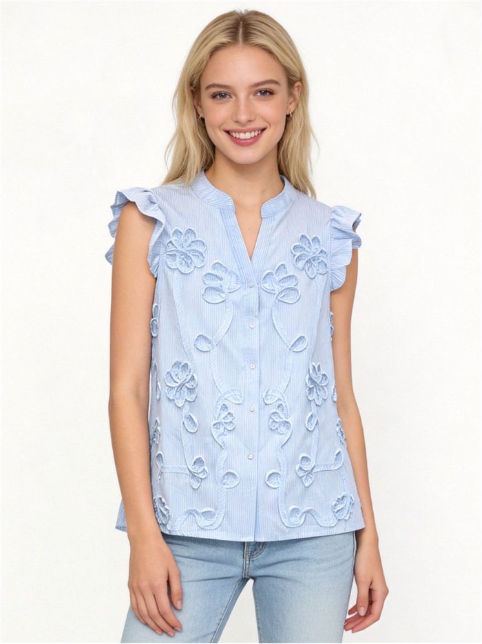 Blusa rayas de algodón bordada con volante