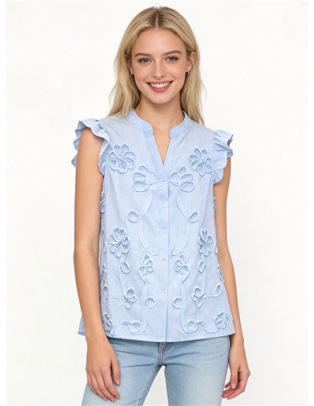 Blusa rayas de algodón bordada con volante
