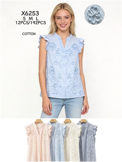 Blusa rayas de algodón bordada con volante 2