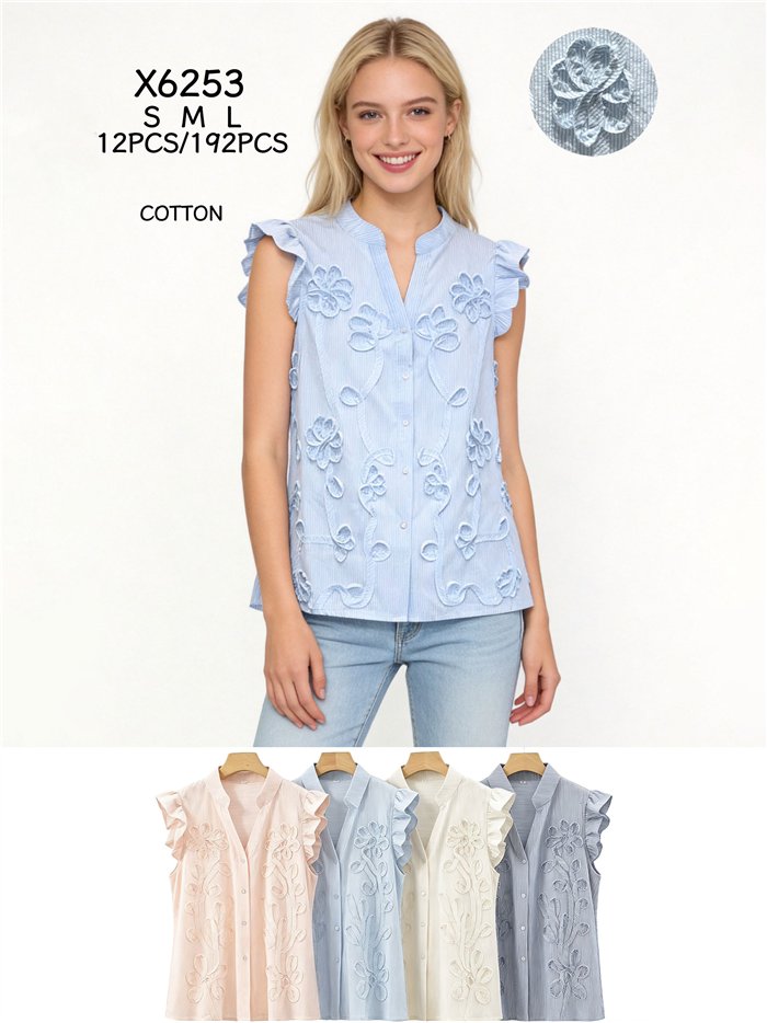 Blusa rayas de algodón bordada con volante