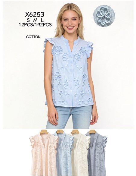 Blusa rayas de algodón bordada con volante