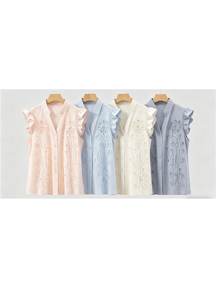 Blusa rayas de algodón bordada con volante