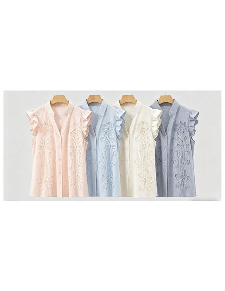 Blusa rayas de algodón bordada con volante