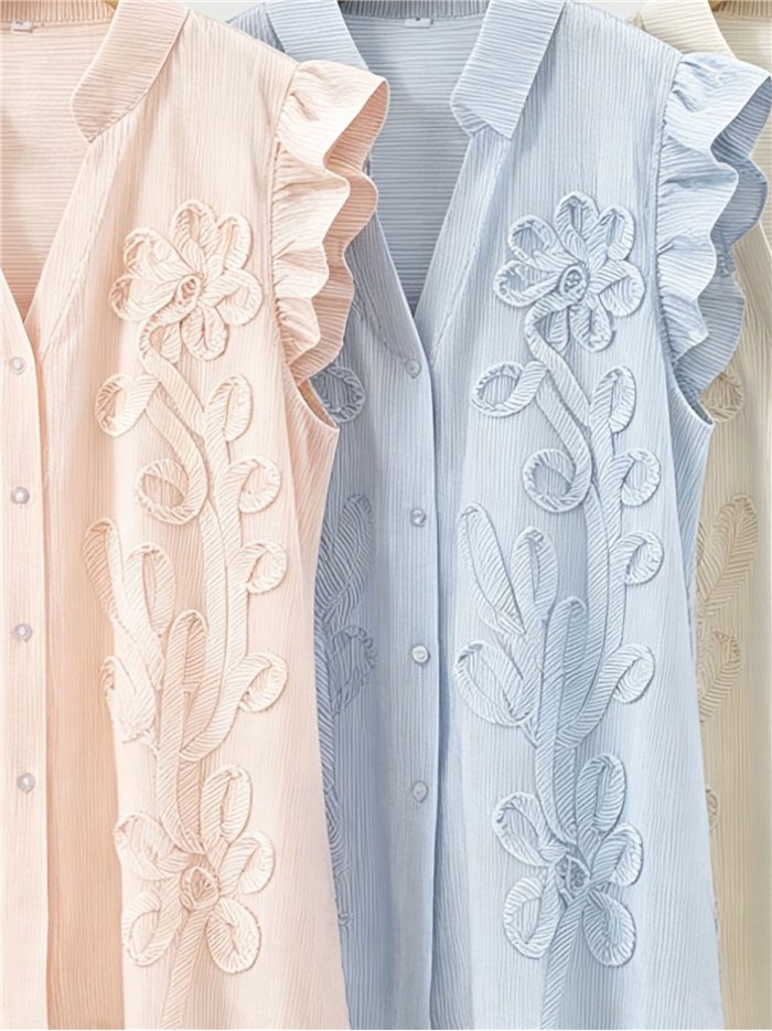 Blusa rayas de algodón bordada con volante