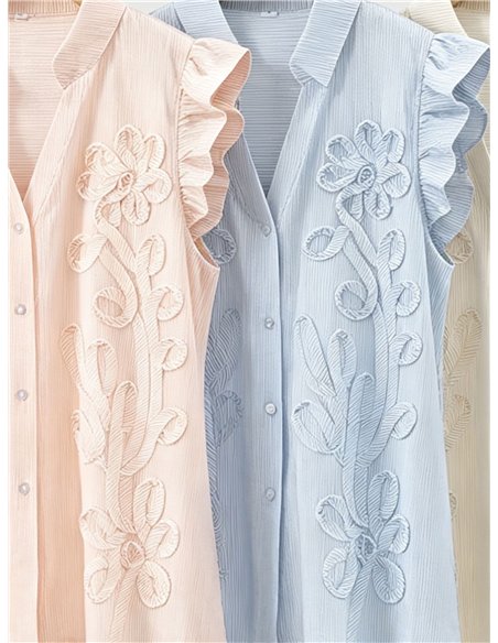 Blusa rayas de algodón bordada con volante