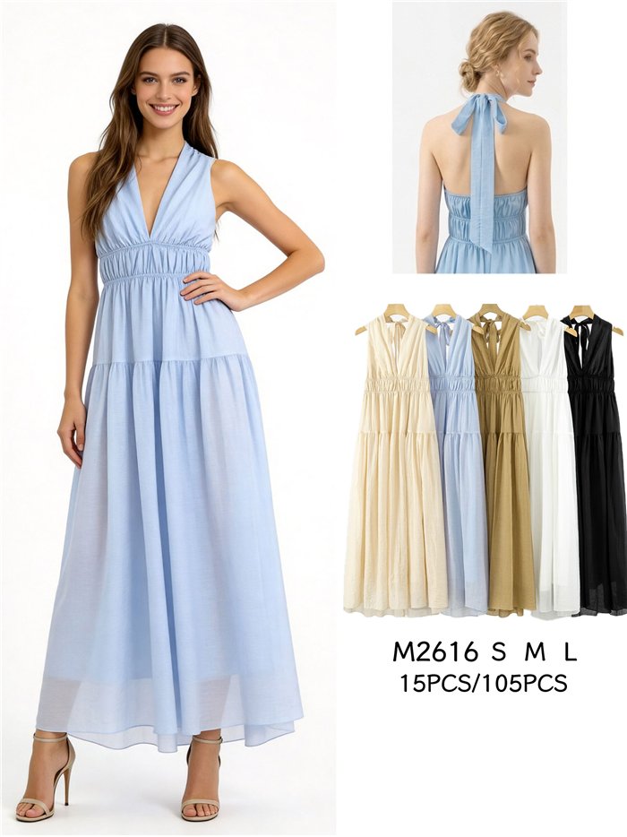 Vestido largo halter frunces