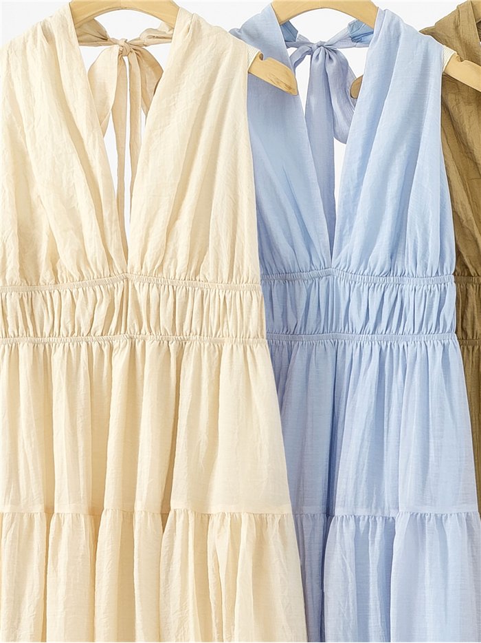 Vestido largo halter frunces