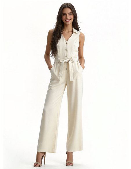 Sleeveless belted linen jumpsuit
