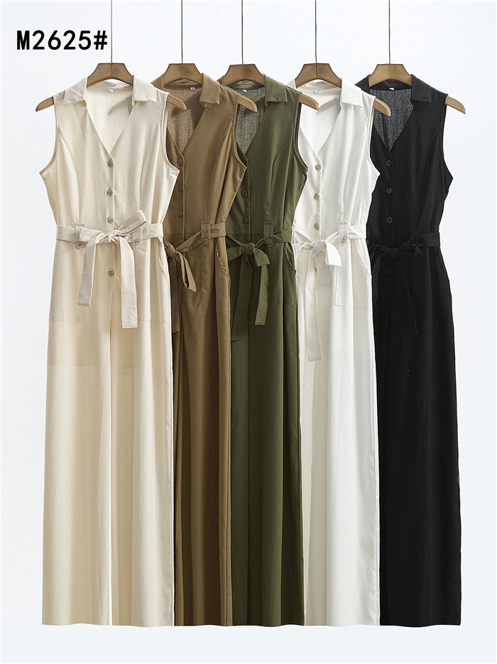 Sleeveless belted linen jumpsuit