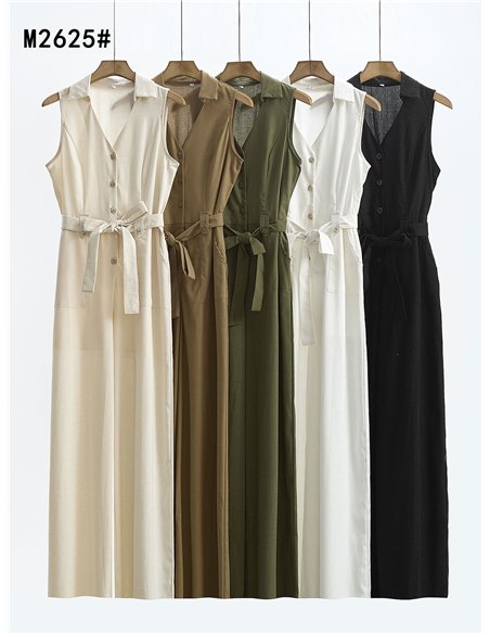 Sleeveless belted linen jumpsuit