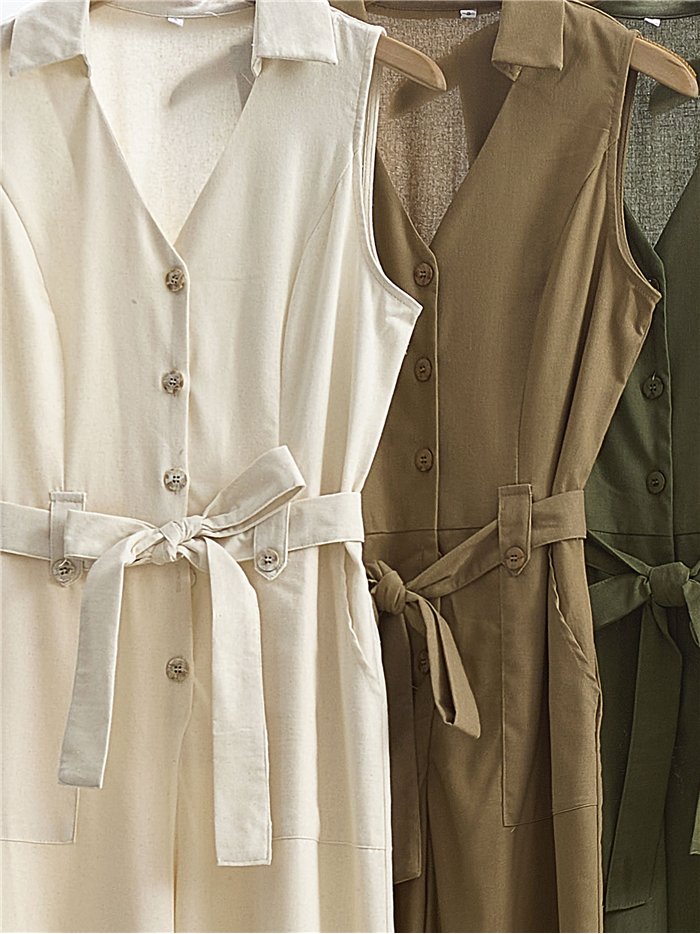 Sleeveless belted linen jumpsuit