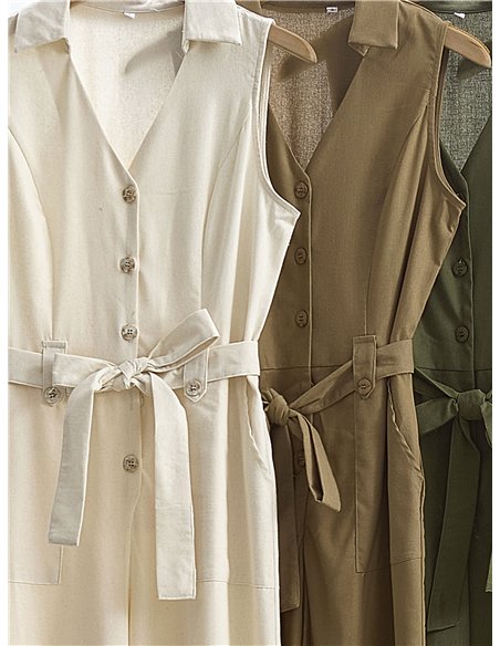 Sleeveless belted linen jumpsuit