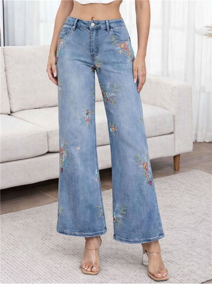 Jeans wide-leg bordados florales