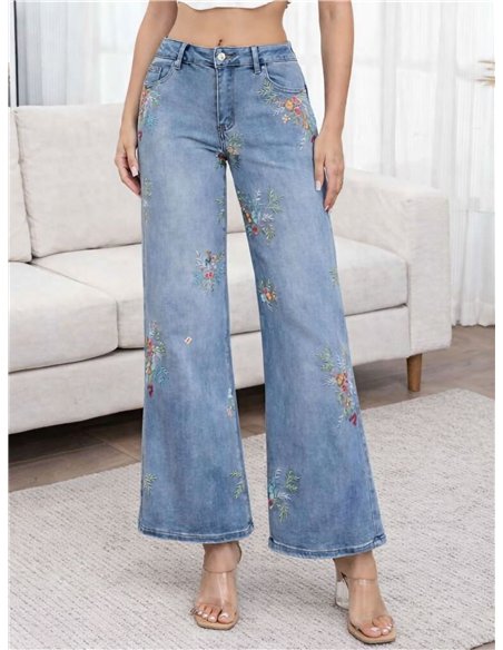 Jeans wide-leg bordados florales