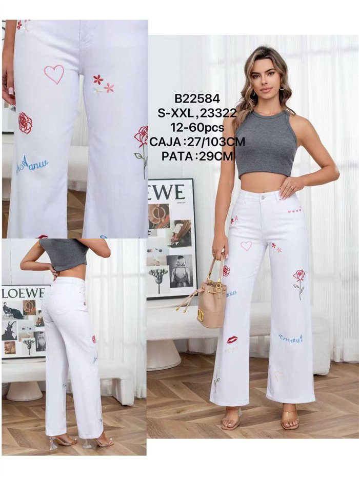 Calça jeans reta com bordado fantasia