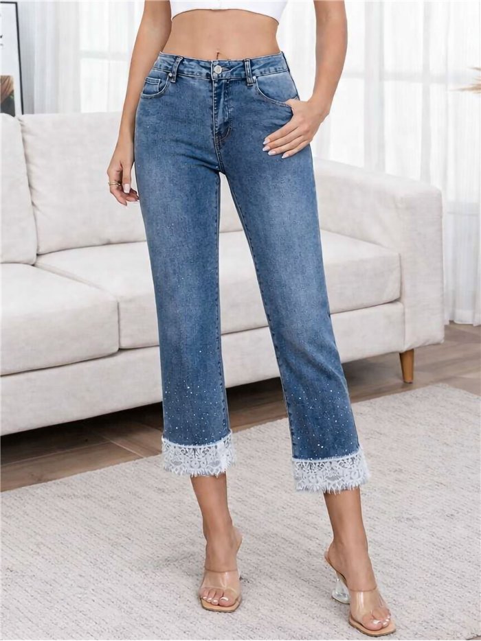Jeans cropped strass bajo con encaje