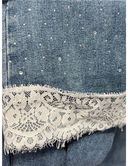 Jeans cropped strass bajo con encaje