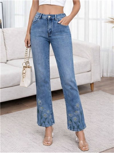 Jeans rectos margaritas bordadas