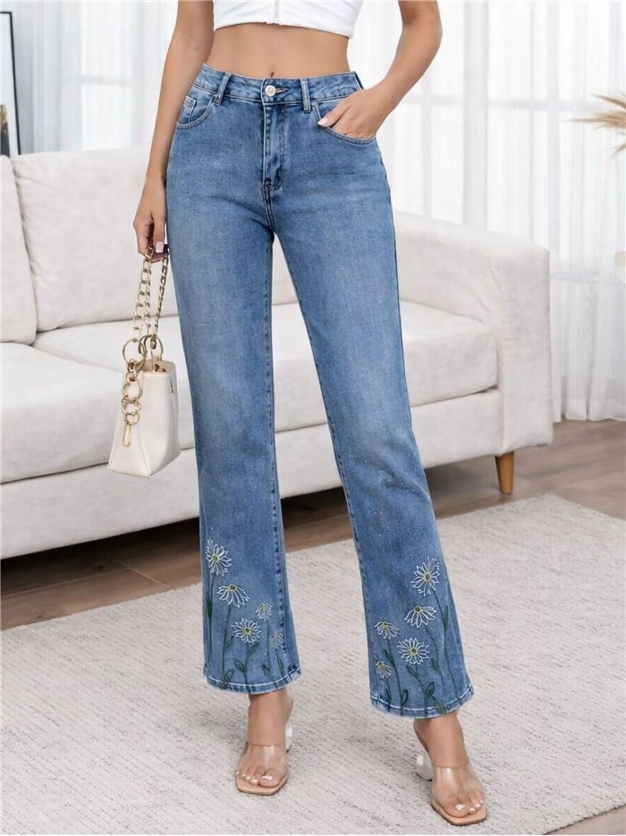 Jeans rectos margaritas bordadas