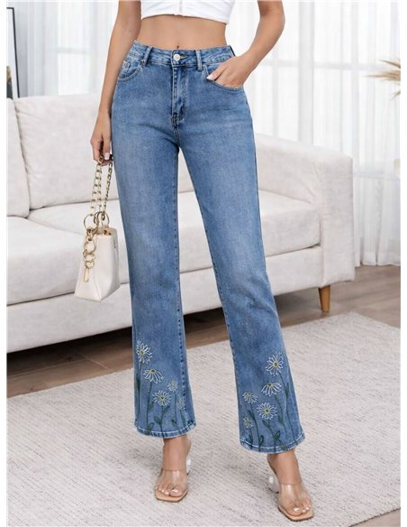 Jeans rectos margaritas bordadas