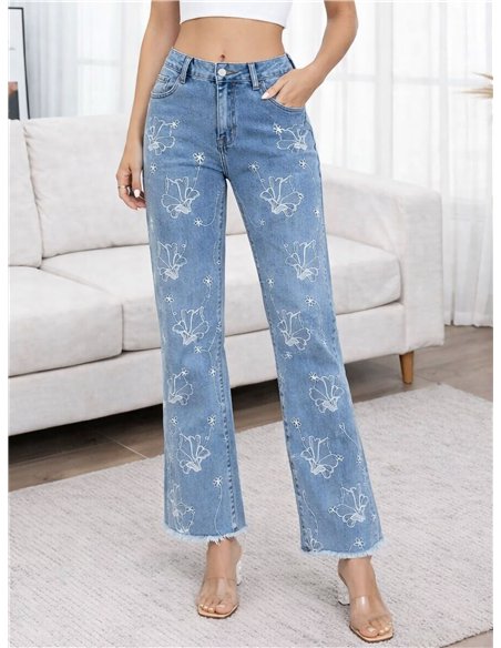 Jeans rectos bordados florales