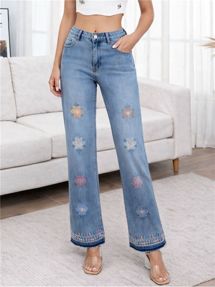 Jeans rectos flores bordadas