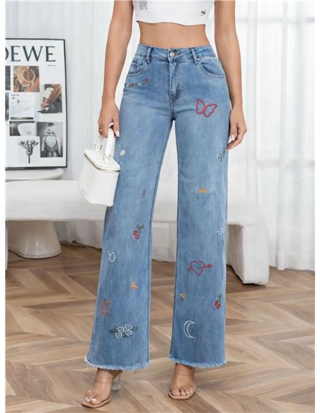 Jeans rectos bordados multicolor