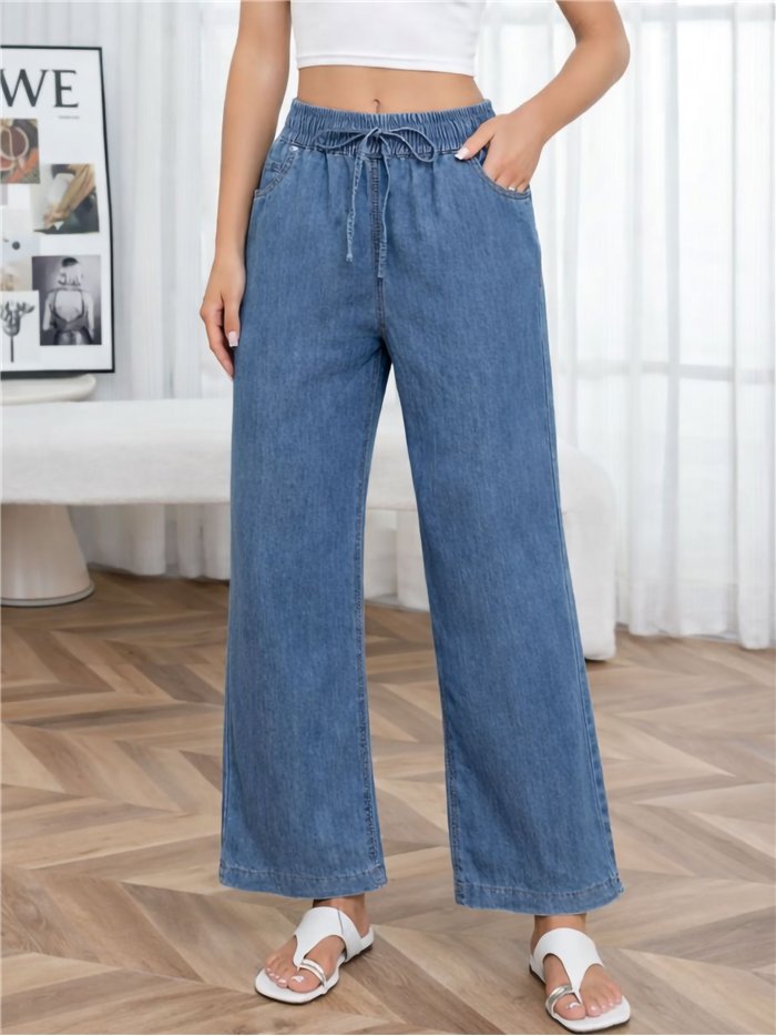 Pantalón denim wide-leg con cordón