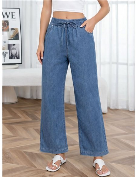 Pantalón denim wide-leg con cordón
