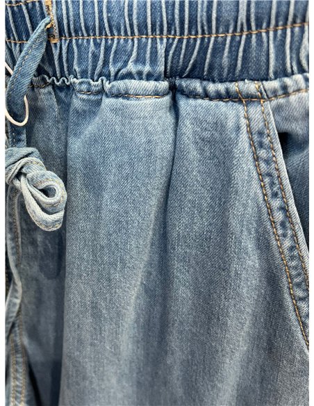 Pantalón denim wide-leg cintura elástica