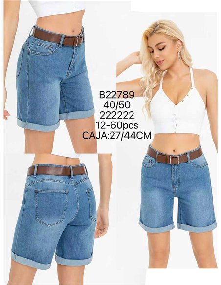 Belted denim bermuda