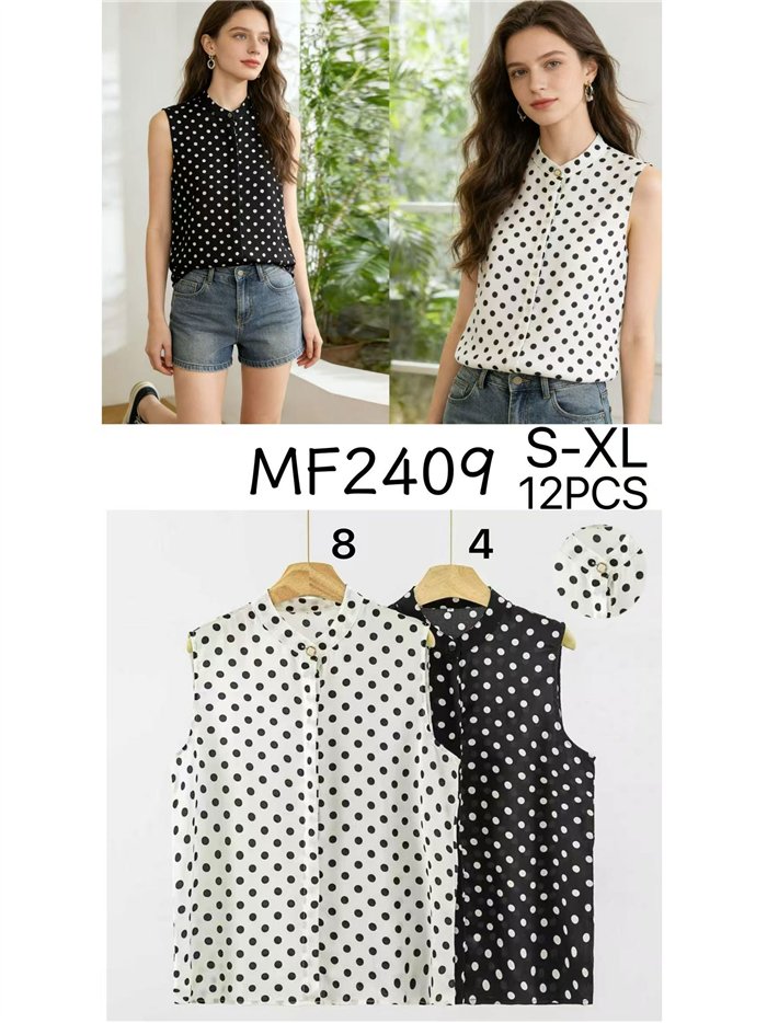 Chemisier sans manches en satin à pois