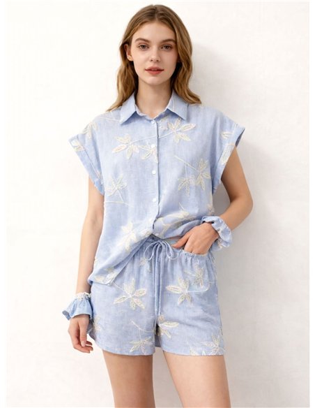Conjunto camisa bordada hojas y short