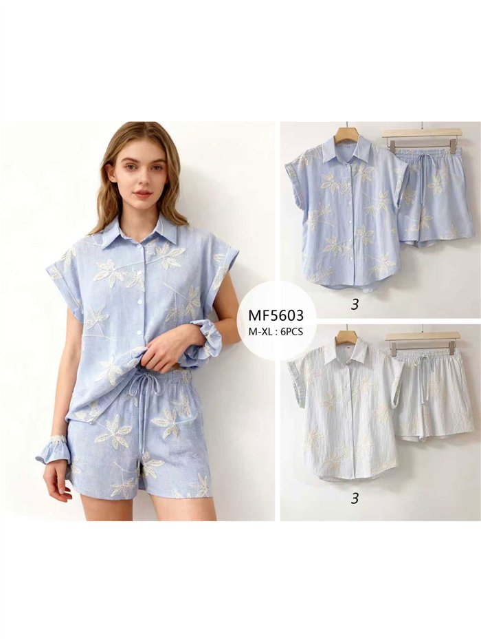 Conjunto camisa bordada hojas y short