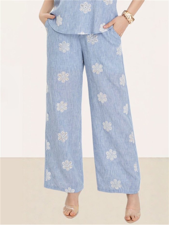 Daisy embroidered linen trousers