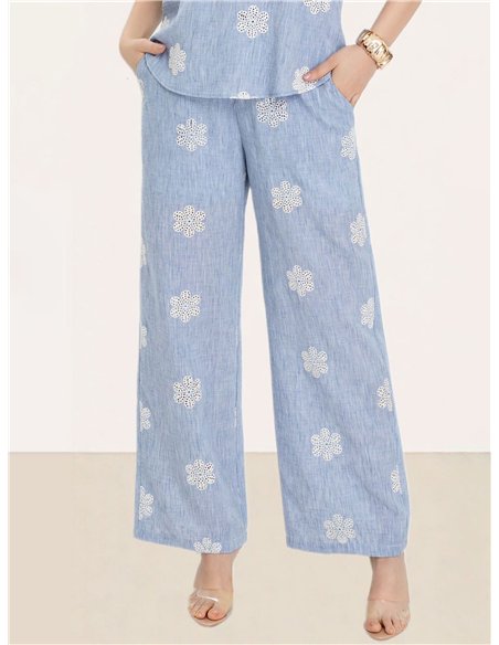 Daisy embroidered linen trousers