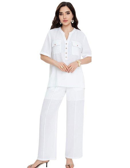 Conjunto blusa fluido con bolsillo y pantalón 