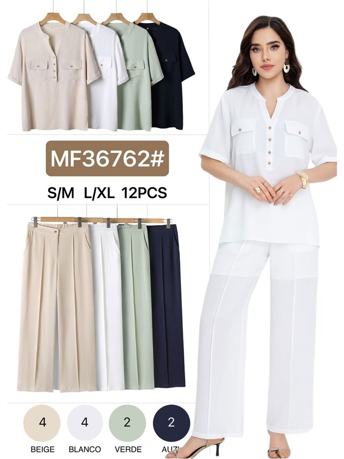 Conjunto blusa fluido con bolsillo y pantalón 