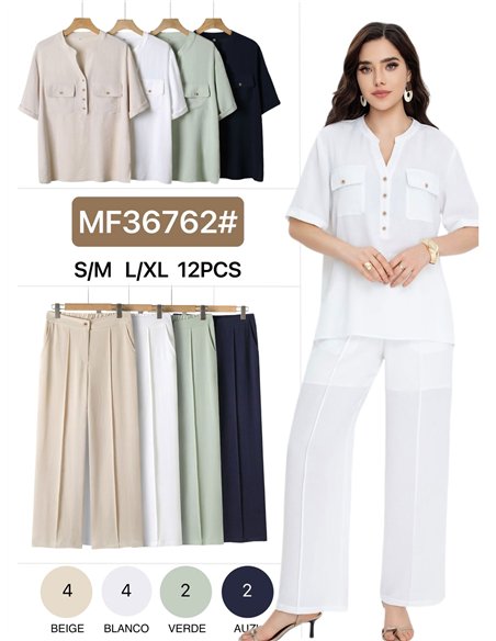 Conjunto blusa fluido con bolsillo y pantalón 