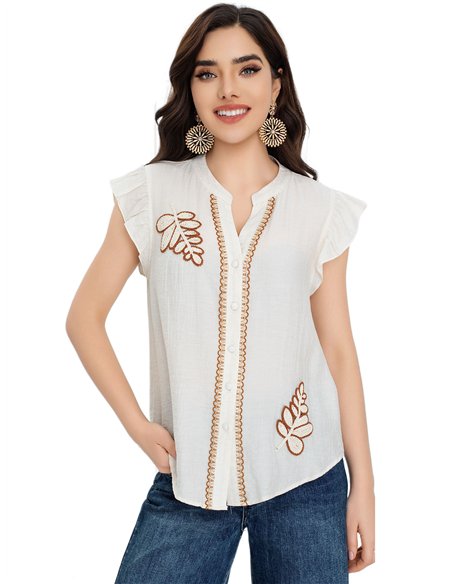 Blouse brodée à motifs de feuilles