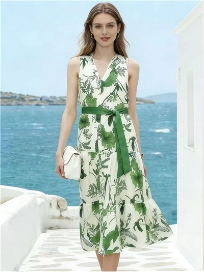Vestido midi com estampa botânica e cinto.