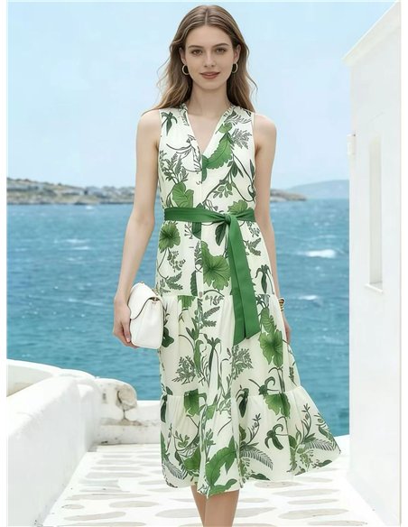 Vestido midi com estampa botânica e cinto.