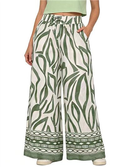 pantaloni palazzo con stampa a foglie