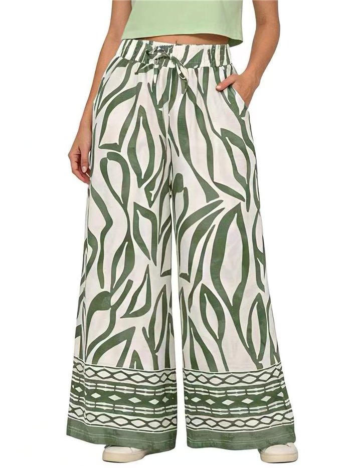 pantaloni palazzo con stampa a foglie