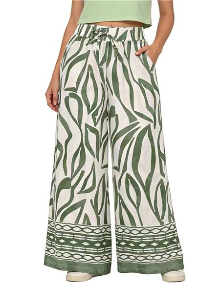 pantaloni palazzo con stampa a foglie