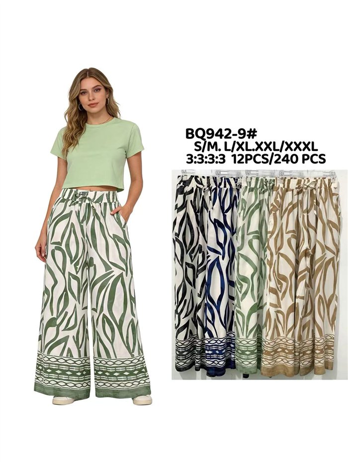 pantaloni palazzo con stampa a foglie