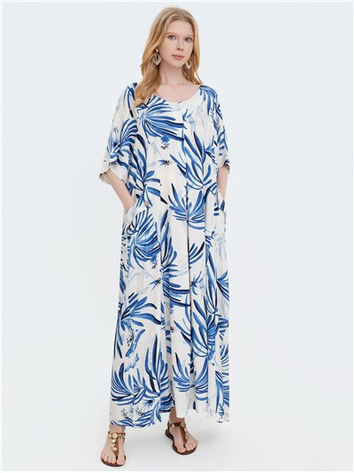 Vestido maxi fluido estampado tropical con bolsillos