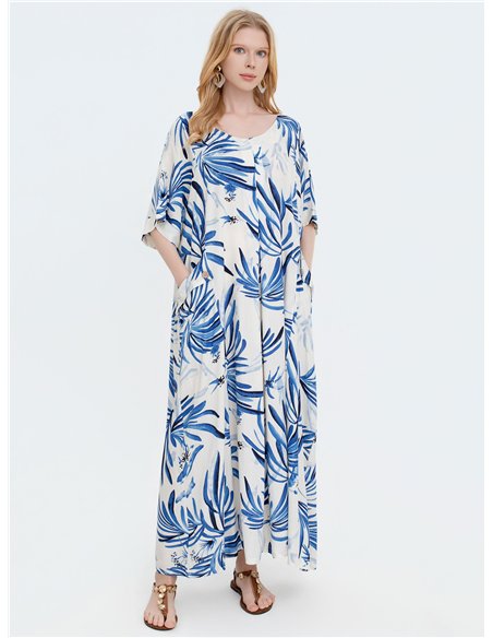 Vestido maxi fluido estampado tropical con bolsillos