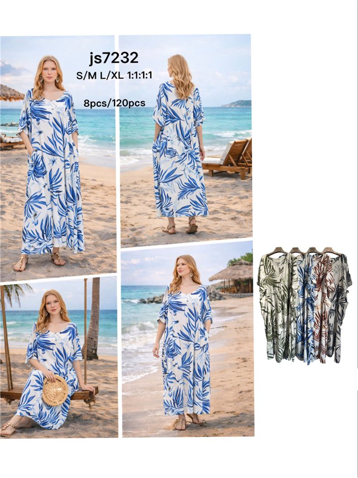 Vestido maxi fluido estampado tropical con bolsillos