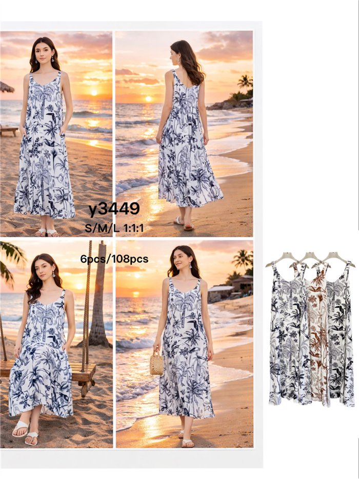 Vestido largo sin mangas estampado tropical